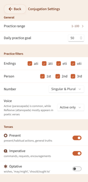 Settings screen with checkboxes to enable various endings and switches for tenses